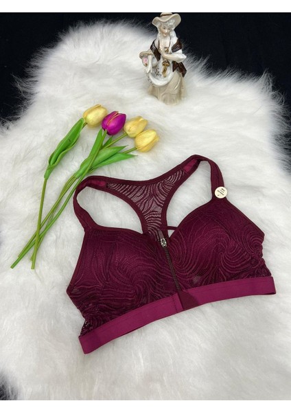 80507 Dantelli Fermuarlı Alttan Destekli Büstiyer - Koza - Bordo - 75B Bordo