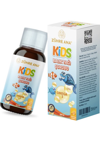 Zühre Ana Kids Çocuklar İçin Omega 3 Balık Yağı Şurubu Vitamin Katkılı Ve Portakallı 150 ml