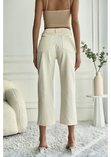 Kadın Yüksek Bel Dantel Işlemeli Mom Fit Bej Jean Pantolon