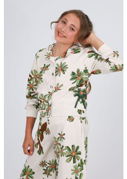 8-14 Yaş Bellis Kız Çocuk Çiçekli Keten Ceket-Krem