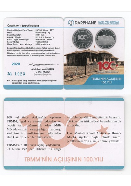 TBMM meclisinin Açılışının 100. Yılı Gümüş Hatıra Parası Sertifikalı modelleri