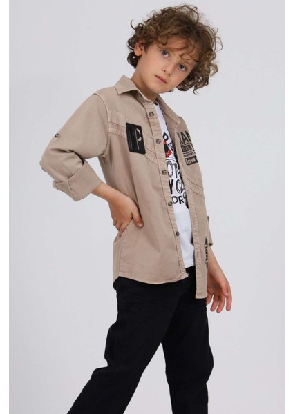 Jean Style Gömlek Tşört Takım - Kahve Köpüğü Rengi