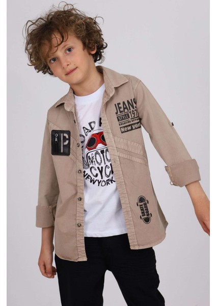 Jean Style Gömlek Tşört Takım - Kahve Köpüğü Rengi