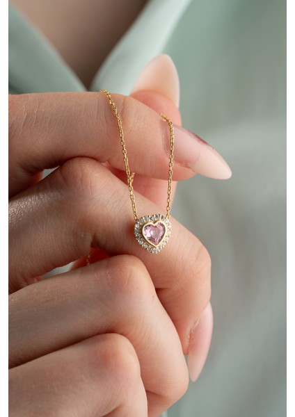 925 Ayar Gümüş Gold Kaplama Pembe Taşlı Kalp Kolye
