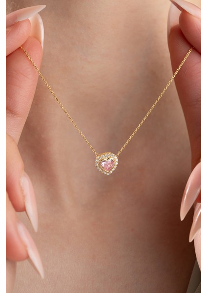 925 Ayar Gümüş Gold Kaplama Pembe Taşlı Kalp Kolye fiyatları