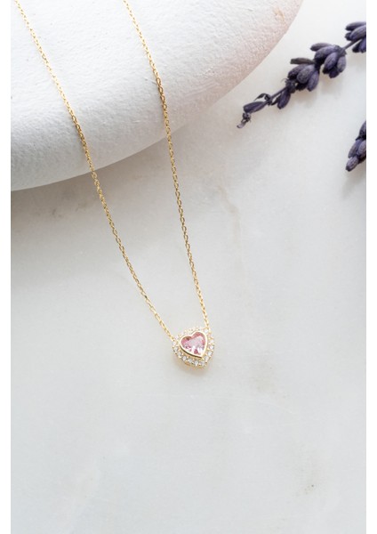 925 Ayar Gümüş Gold Kaplama Pembe Taşlı Kalp Kolye modelleri