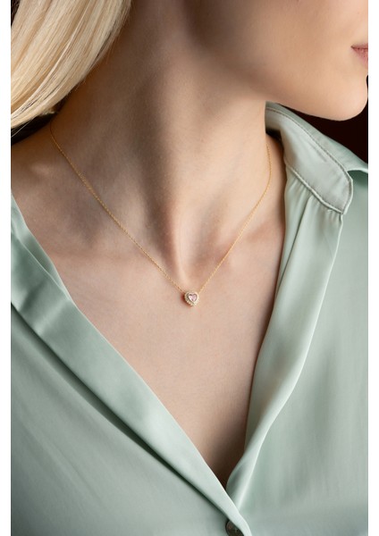 925 Ayar Gümüş Gold Kaplama Pembe Taşlı Kalp Kolye fırsatları