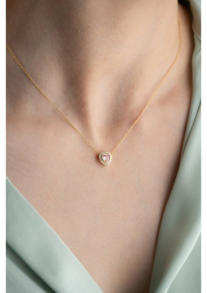 925 Ayar Gümüş Gold Kaplama Pembe Taşlı Kalp Kolye indirimleri