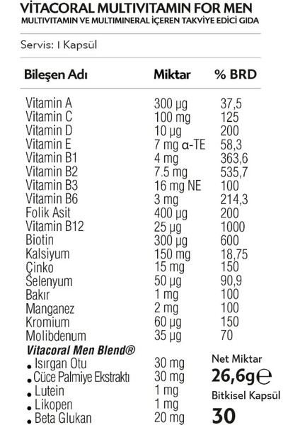Multivitamin For Men - Vitaminler Mineraller Içeren Besin Takviyesi 30'lu Bitkisel Kapsül-2 Adet