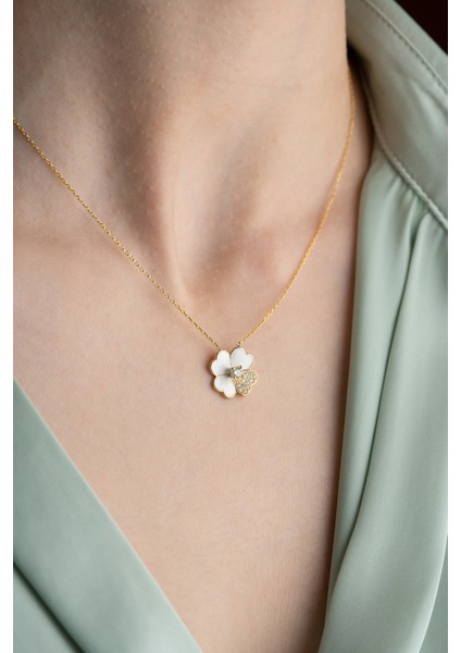 925 Ayar Gümüş Beyaz Mineli Yonca Tektaş Kolye indirimleri