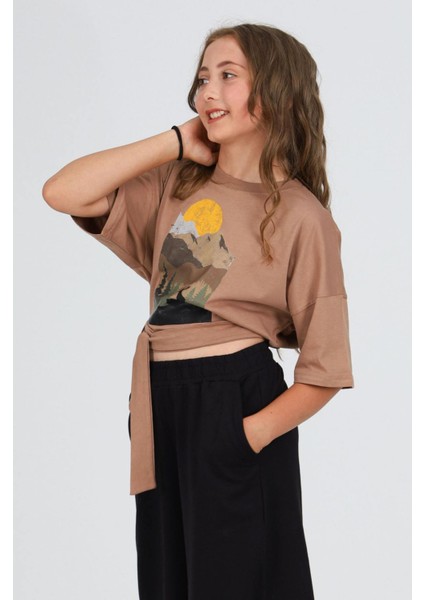 8-14 Yaş Bol Paça Yırtmaç Detaylı Kız Genç Tarz Kahverengi Takım fiyatları