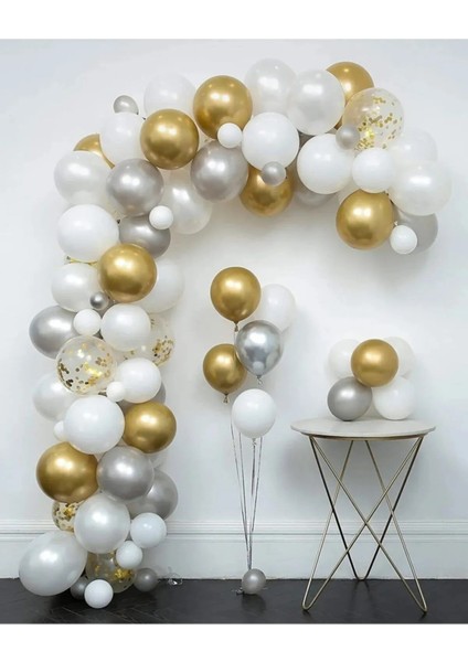 30 Adet Metalik Sedefli Gold-Gümüş Gri-Beyaz Balon, Helyumla Uçan Balon