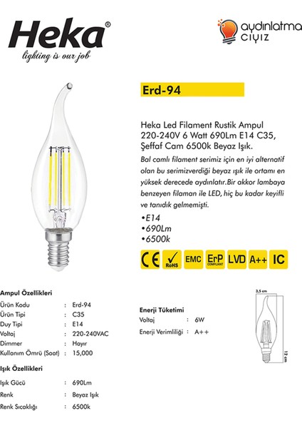 10'lu LED Filament Rustik Ampul Kıvrık Uç 6W E14 6500K (Beyaz Işık)