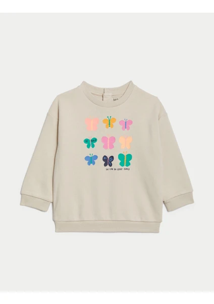 Marks & Spencer Kelebek Desenli Yuvarlak Yaka Sweatshirt