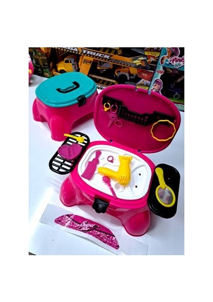 Tabure Güzellik Seti 18 Parça Tutma Saplı Kilit Üst Kapak Oturak Oyuncak Içi Make-Up 32X25X17CM