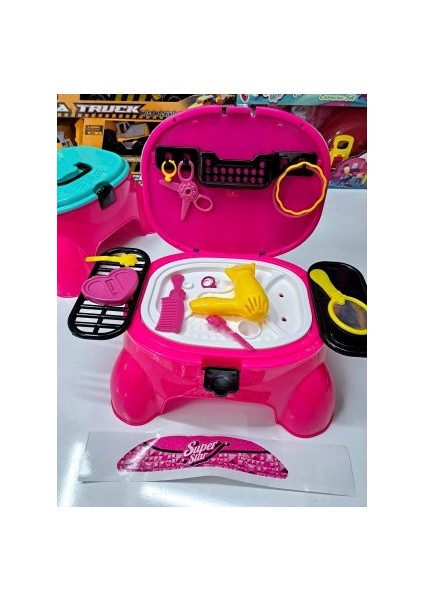Tabure Güzellik Seti 18 Parça Tutma Saplı Kilit Üst Kapak Oturak Oyuncak Içi Make-Up 32X25X17CM