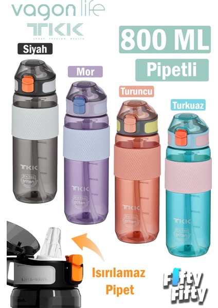 Tkk 800 ml Kalın Isırılamaz Pipetli Bpa Içermeyen Taşıma Kulplu Tritan Su Matarası FFTKK1003 800 ml