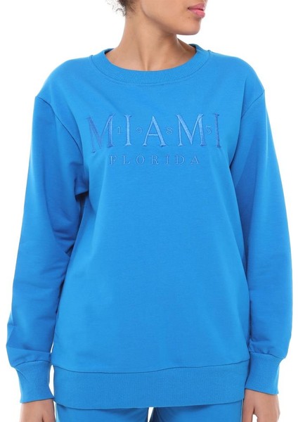 Fancy Kadın Bisiklet Yaka Miami Nakış Saks Mavi Şort Sweatshirt İkili Şortlu Takım