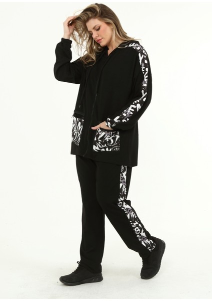 Kadın Büyük Beden Cep Detaylı ve Fermuarlı Siyah Eşofman Takımı
