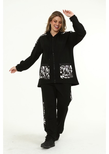 Kadın Büyük Beden Cep Detaylı ve Fermuarlı Siyah Eşofman Takımı fırsatları