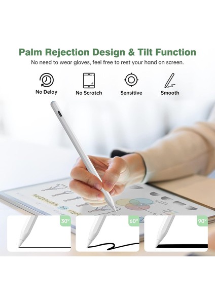 iPad 10. Nesil 10.9 inç ile Uyumlu Tablet Kalemi Pencil Avuç içi Reddi Manyetik Şarj 3 x Uç indirimleri