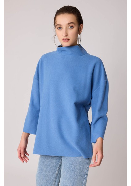 Düşük Kol Yakalı Yanlar Yırtmaçlı Örme Oversize Bluz