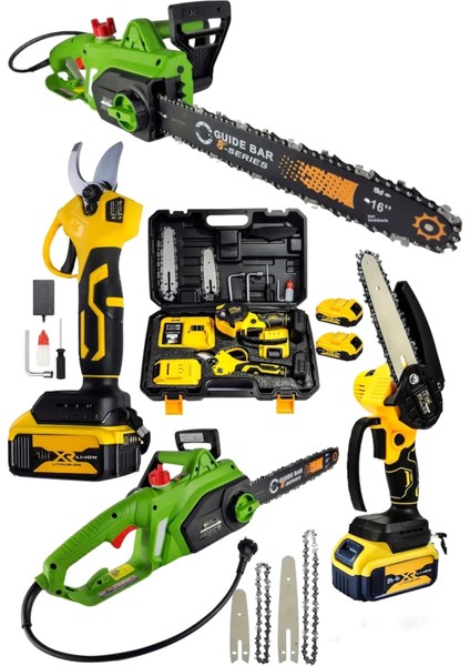3'lü Set 4800W Elektrikli Hızar Testere Ağaç Odun Kesme Testeresi 128VF Şarjlı Dal Budama ve Makas