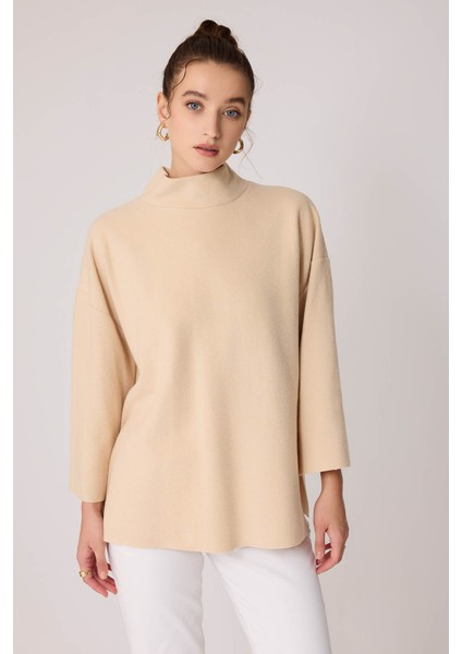 Düşük Kol Yakalı Yanlar Yırtmaçlı Örme Oversize Bluz