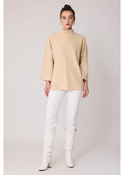 Düşük Kol Yakalı Yanlar Yırtmaçlı Örme Oversize Bluz