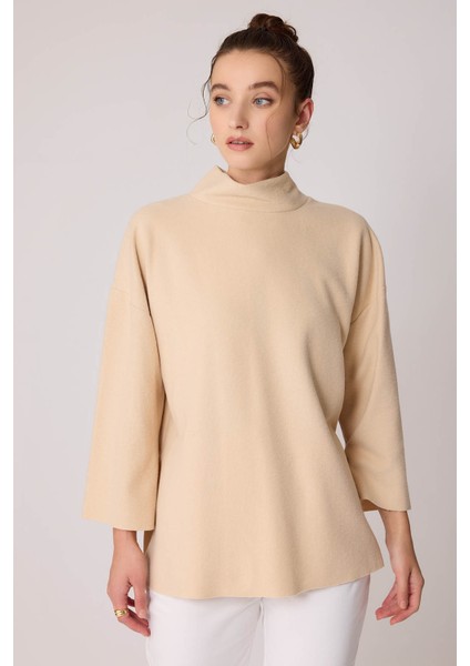 Düşük Kol Yakalı Yanlar Yırtmaçlı Örme Oversize Bluz