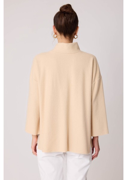 Düşük Kol Yakalı Yanlar Yırtmaçlı Örme Oversize Bluz