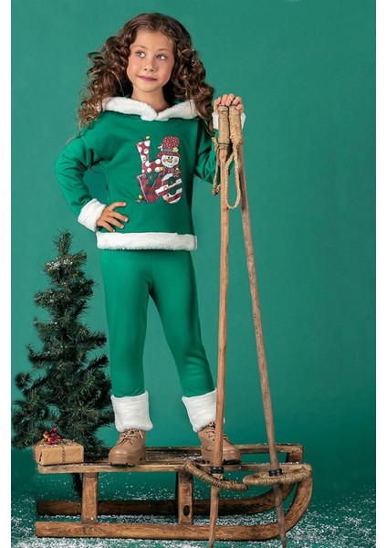 Unisex Çocuk Yılbaşı Christmas Noel Temalı Elf Model Kapüşonlu 3 Ip Şardonlu 2 Parça Alt Üst Takım