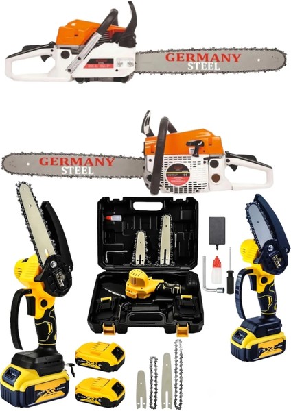2'li Set Benzinli Testere 7.9 Hp Ağaç Odun Kesme Makinesi Motorlu 128VF Şarjlı Dal Budama Testeresi