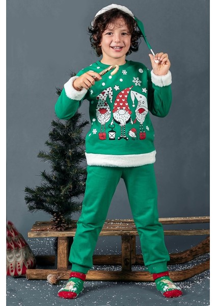 Unisex Çocuk Yılbaşı Christmas Noel Temalı 3 Cin Model Kapüşonlu 3 Ip Şardonlu 3 Parça Alt Üst Takım