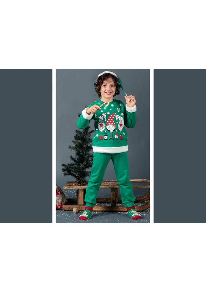 Unisex Çocuk Yılbaşı Christmas Noel Temalı 3 Cin Model Kapüşonlu 3 Ip Şardonlu 3 Parça Alt Üst Takım