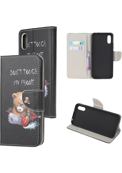 Xiaomi Redmi Için Çapraz Doku Desenli Deri Cüzdan Kabuğu 9A-ANGRY Bear ve Uyarı Kelimeler (Yurt Dışından)