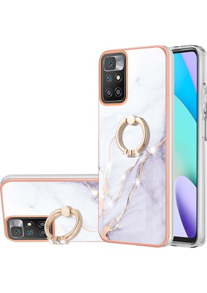 Mermer Tasarım Imd Iml Electleplating Tpu Telefon Geri Kapak Kılıfı Xiaomi Redmi Için Yüzük Tutucu Kickstand ile Not 11 4g (Mediatek)/10 4g (2021)/10 2022 4g/10 Prime-White (Yurt Dışından)