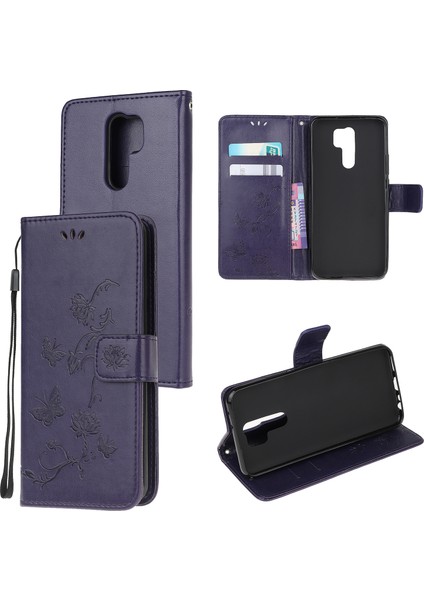Xiaomi Redmi 9-Dark Mor Için Kelebek Çiçek Cüzdan Deri Kapağı (Yurt Dışından)