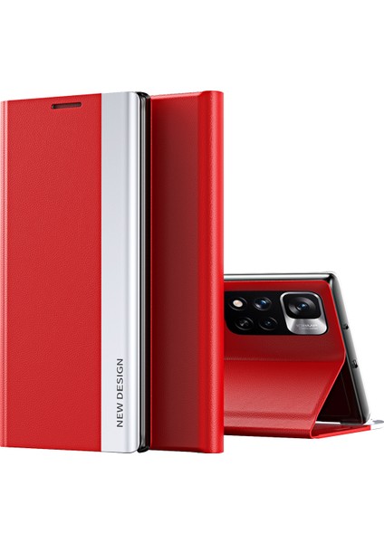 Pencere Tasarım Standı Tasarım Deri Telefon Kapak Kılıfı Xiaomi Redmi Note 11 Pro+ 5g/redmi Note 11 Pro 5g (Çin) (Mediatek) -Red (Yurt Dışından)