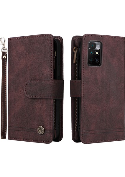 Kart Yuvaları Cilt-Dokunuş Pu Deri Kasa Çizgileri Baskılı Fermuar Folio Cüzdanı Xiaomi Için Kayışlı Stant Koruyucu Kapak Not 11 (Mediatek)/redmi 10/redmi 10/10 Prime-Brown (Yurt Dışından)