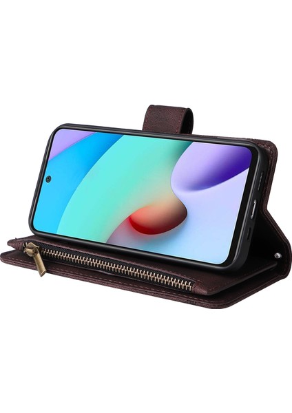 Kart Yuvaları Cilt-Dokunuş Pu Deri Kasa Çizgileri Baskılı Fermuar Folio Cüzdanı Xiaomi Için Kayışlı Stant Koruyucu Kapak Not 11 (Mediatek)/redmi 10/redmi 10/10 Prime-Brown (Yurt Dışından)
