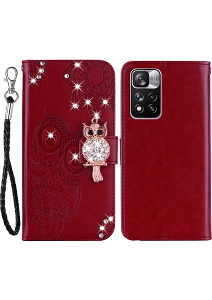 Pu Deri Manyetik Tokaton Dekor Dekor Telefon Kasası Cüzdan Baykuş Çiçek Baskılı Kabuk Kapağı Xiaomi Için Kayış ile Basılı Kabuk Kapağı Not 11 Pro 5g (Çin) (Mediatek)/11 Pro+ 5g-Red (Yurt Dışından)