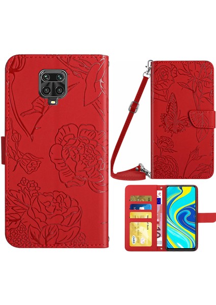 Xiaomi Redmi Için Note 9 Pro/not 9 Pro Max/note 9s Kelebek Çiçek Desenleme Desen Cüzdan Pu Kılıf Pu Deri Deri Kitaplık Stand Magnetik Koyu Omuz Kayışı Kırmızısı (Yurt Dışından)