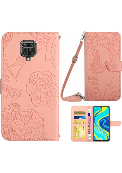 Xiaomi Redmi Için Note 9 Pro/not 9 Pro Max/not 9s Kelebek Çiçek Desenli Desen Cüzdan Pu Kılıf Pu Deri Deri Kitaplık Stand Magnetik Koyu Omuz Kayış Pembe (Yurt Dışından)