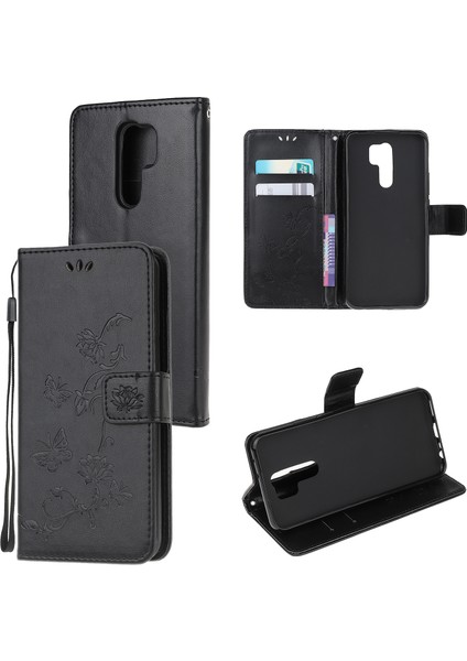 Xiaomi Redmi 9-Black Için Baskı Kelebek Çiçek Cüzdan Deri Kapak (Yurt Dışından)