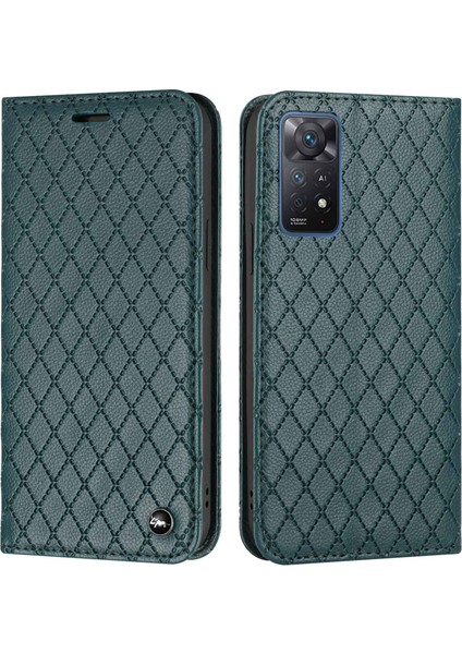 Xiaomi Redmi Için Note 12 Pro 4g/11 Pro 4g (Mediatek)/not 11 Pro 5g (Qualcomm)/note 11 Pro+ 5g Rhombus Desen Litchi Dokusu Manyetik Pu Deri Cüzdan Kılıf Yeşil (Yurt Dışından)