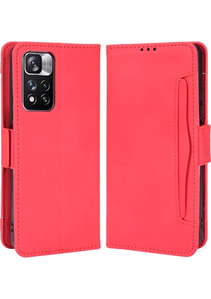 Manyetik Kapanma Çizik Dirençli Kasa Çoklu Kart Yuvası Tasarımı Pu Deri Telefon Kapağı Xiaomi Redmi Not 11 Pro+ 5g/redmi Note 11 Pro 5g (Çin) (Mediatek) -Red (Yurt Dışından)