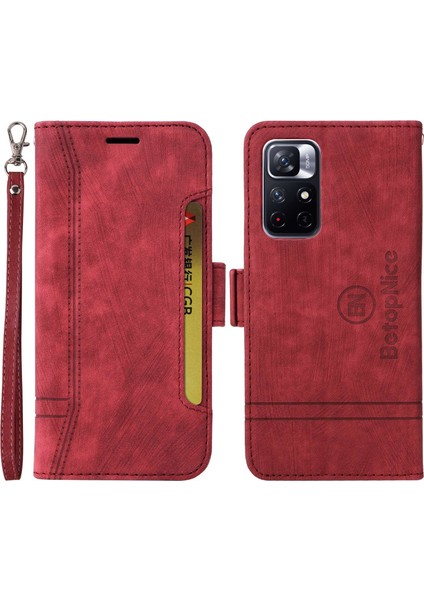 Xiaomi Redmi Için Not 11 5g (Mediatek)/not 11T 5g/not 11S 5g/poco M4 Pro 5g Pu Deri Stand Cüzdan Kılıfı Baskılı Dikiş Hattı Telefon Kapak-Kırmızı (Yurt Dışından)