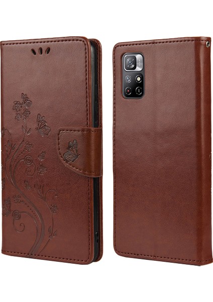Xiaomi Redmi Için Not 11 5g (Çin) (Mediatek)/not 11T 5g/not 11S 5g Destekleme Stand Telefon Kılıfı Kelebek Çiçek Çiçek Flip Cüzdan Deri Telefon Kaplama Kahverengi (Yurt Dışından)