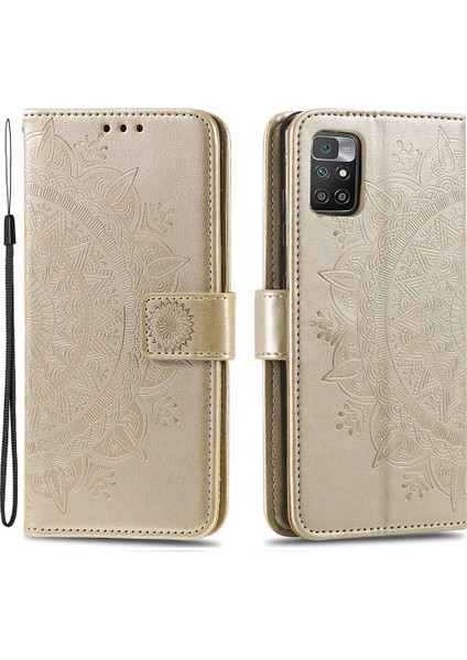 Xiaomi Için Redmi 10 4g (2021)/REDMI 10 2022 4g/redmi 10 Prime/redmi Not 11 4g (Mediatek) Baskılı Mandala Çiçek Pu Deri Deri Cüzdan Stand Telefon Flip Cover Case-Altın (Yurt Dışından)